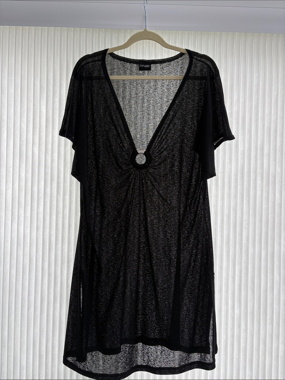 Black Sheer V-Neck Swim Coverup with Silver Ring Detail